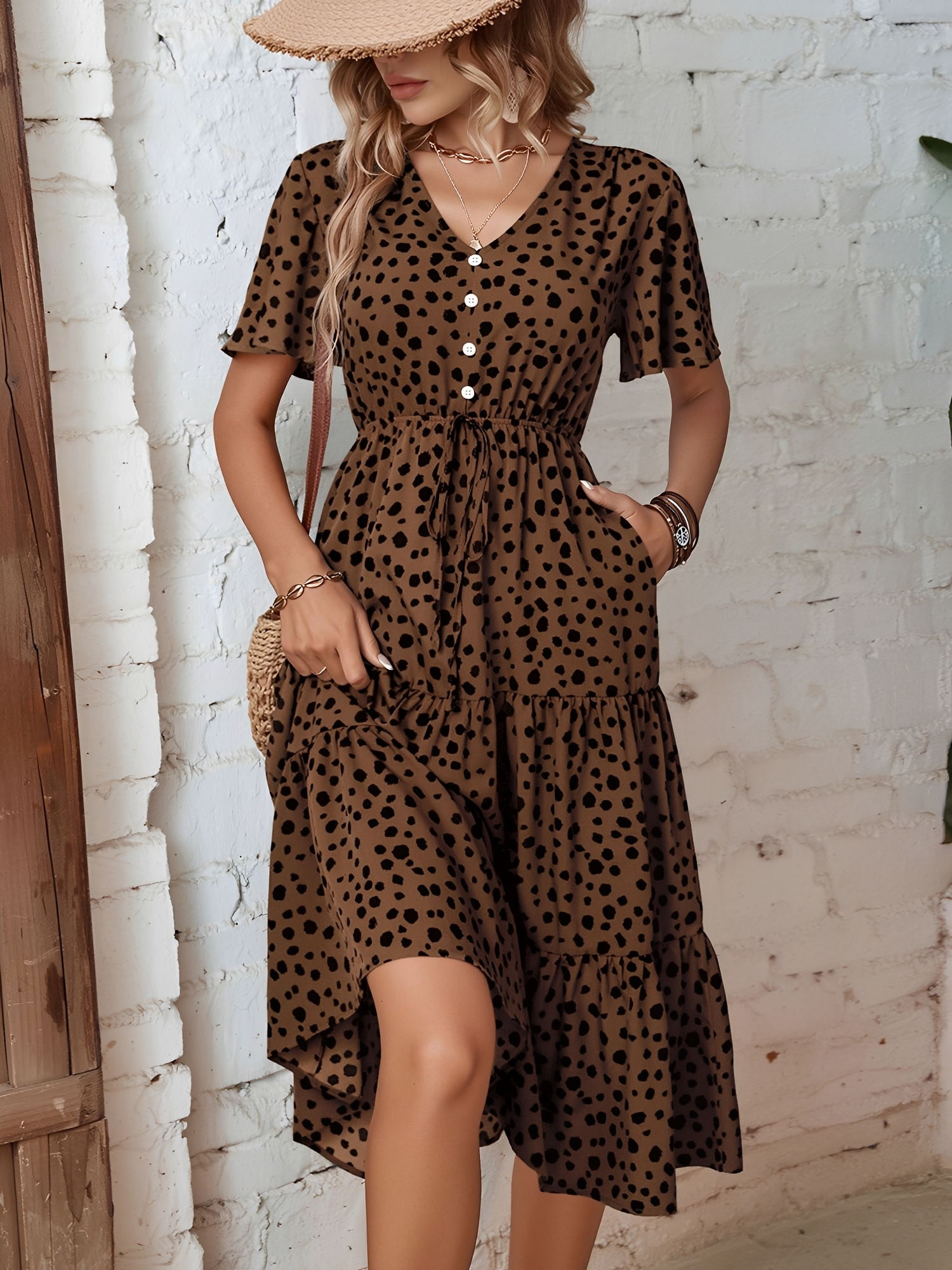 Pocketed Leopard Print Short Sleeve Tiered Dress Leopard/S - Allegra K catalog