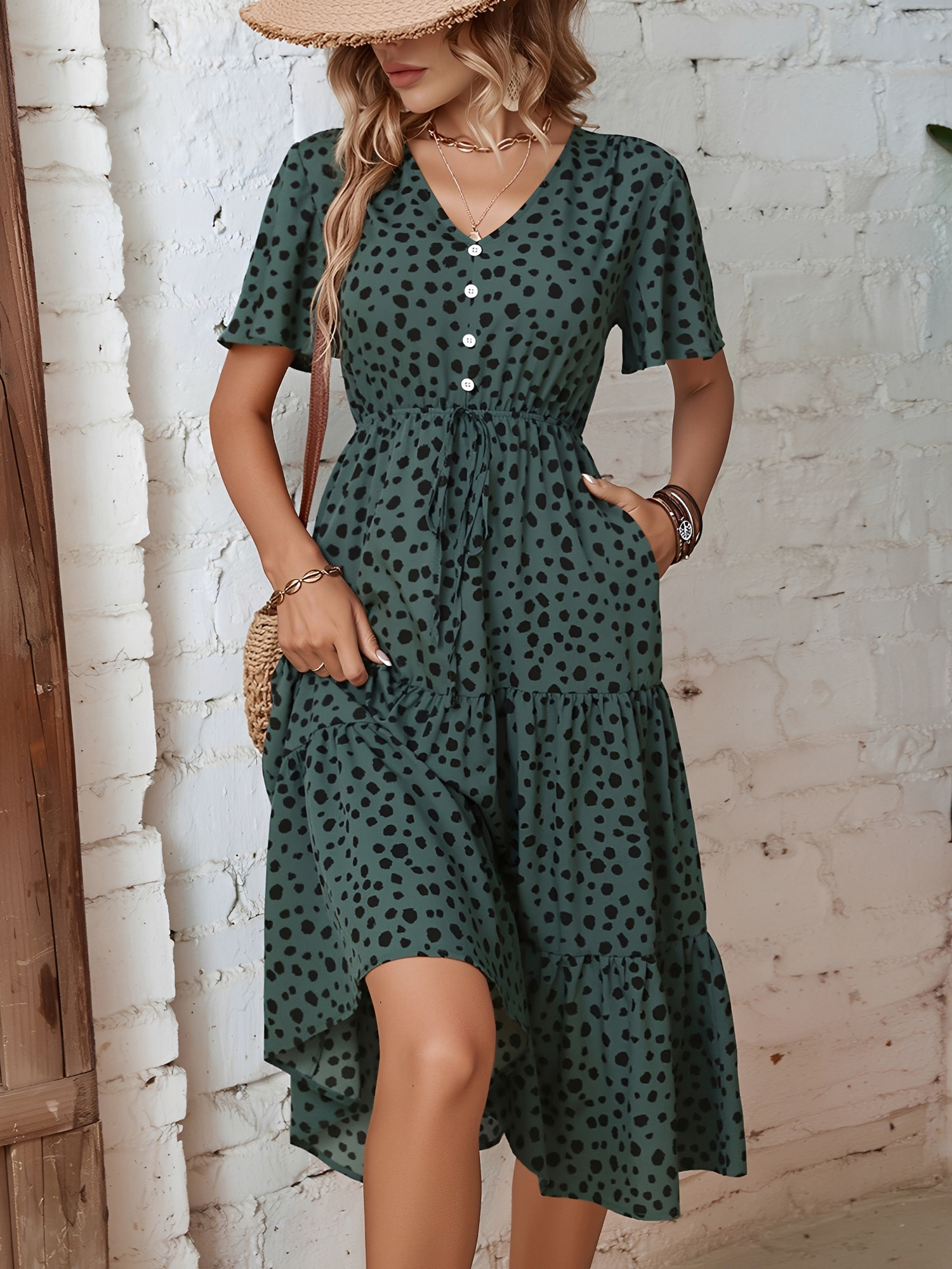 Pocketed Leopard Print Short Sleeve Tiered Dress Dark Green/L - Allegra K catalog