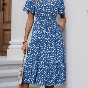 Pocketed Leopard Print Short Sleeve Tiered Dress Blue/S - Allegra K catalog