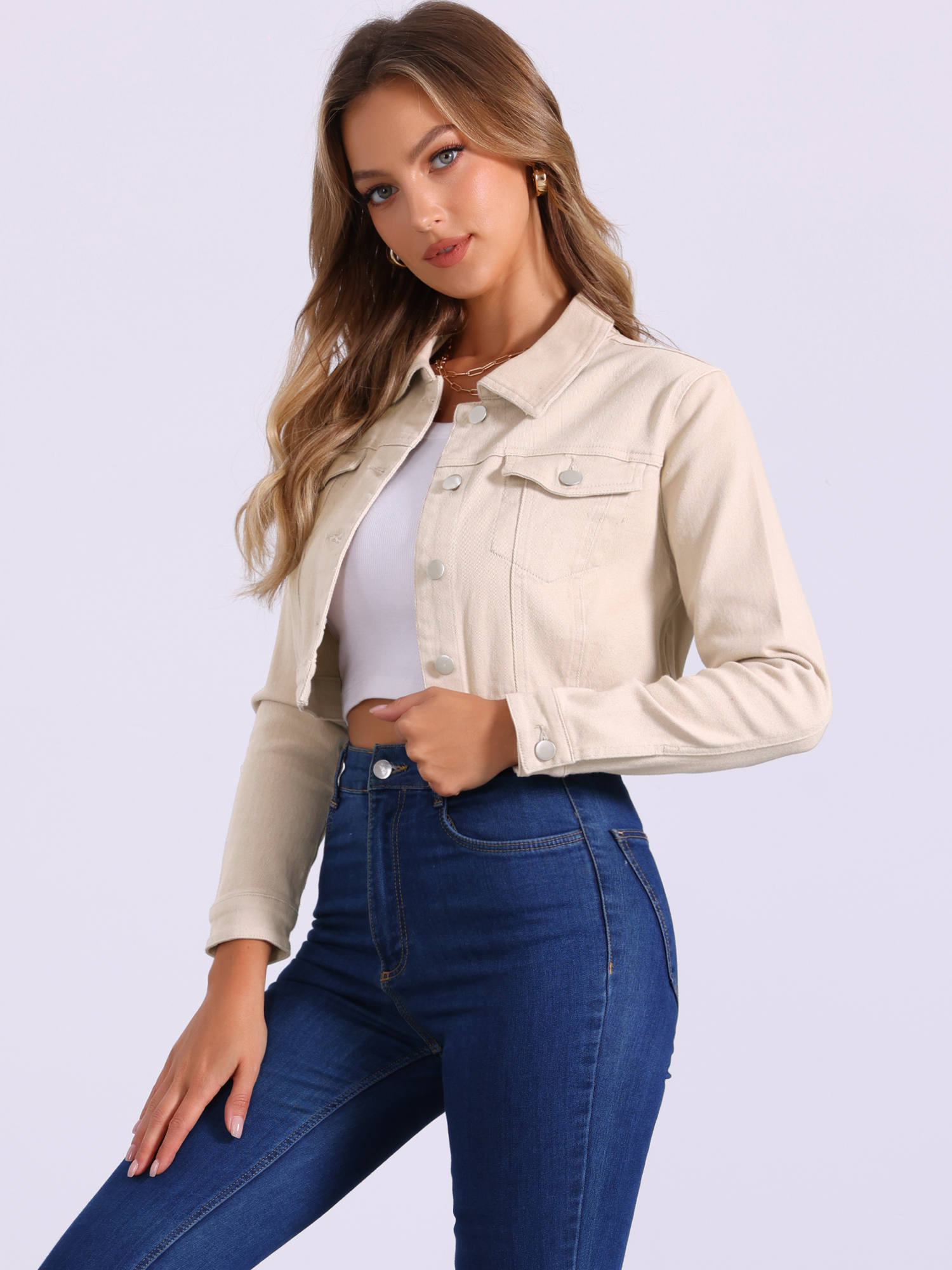 Casual Short Puff Sleeves Button-Down Jean Denim Jacket Beige/XS - Allegra K catalog