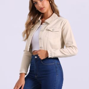 Casual Short Puff Sleeves Button-Down Jean Denim Jacket Beige/L - Allegra K catalog