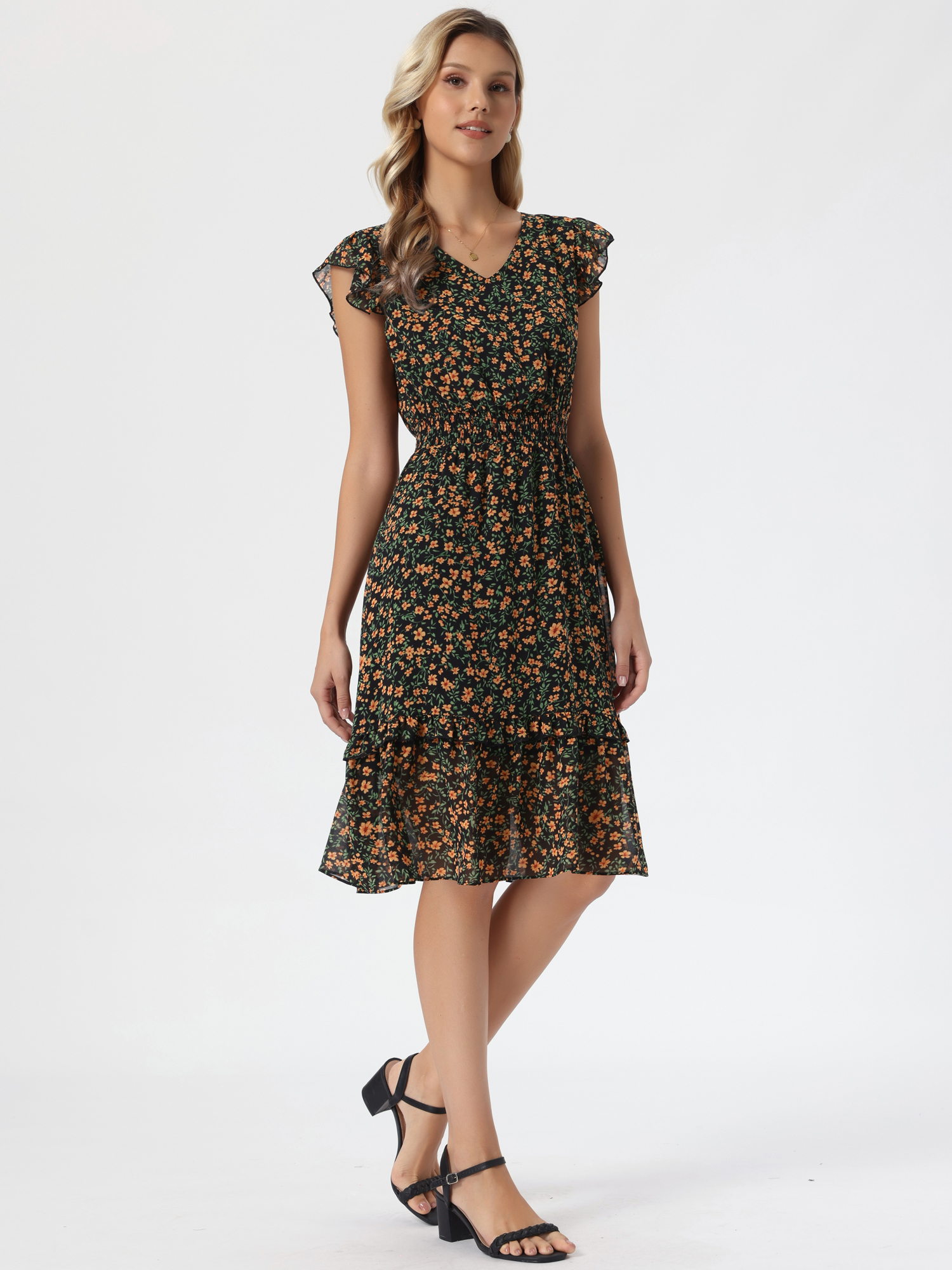 Floral Flutter Sleeve V Neck Smocked Ruffle Dress Black Orange/L - Allegra K catalog
