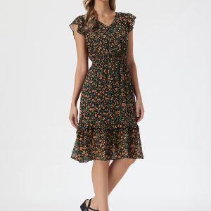 Floral Flutter Sleeve V Neck Smocked Ruffle Dress Black Orange/XL - Allegra K catalog