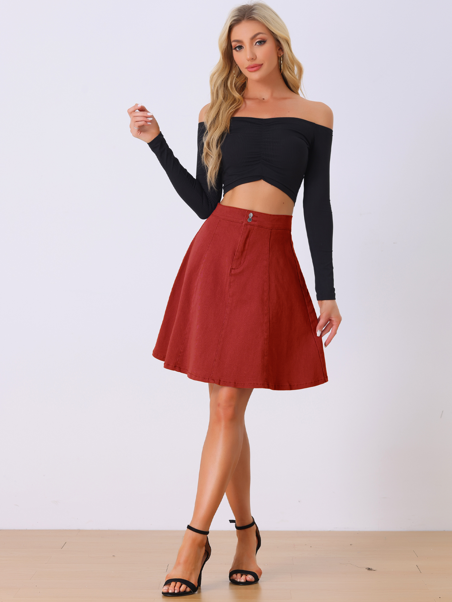 High Waisted A-Line Flared Casual Denim Midi Jean Skirt Red/L - Allegra K catalog