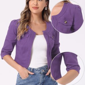 Denim Collarless Pockets 3/4 Sleeve Feminine Style Jacket Dark Purple/XS - Allegra K catalog