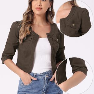 Denim Collarless Pockets 3/4 Sleeve Feminine Style Jacket Dark Brown/S - Allegra K catalog