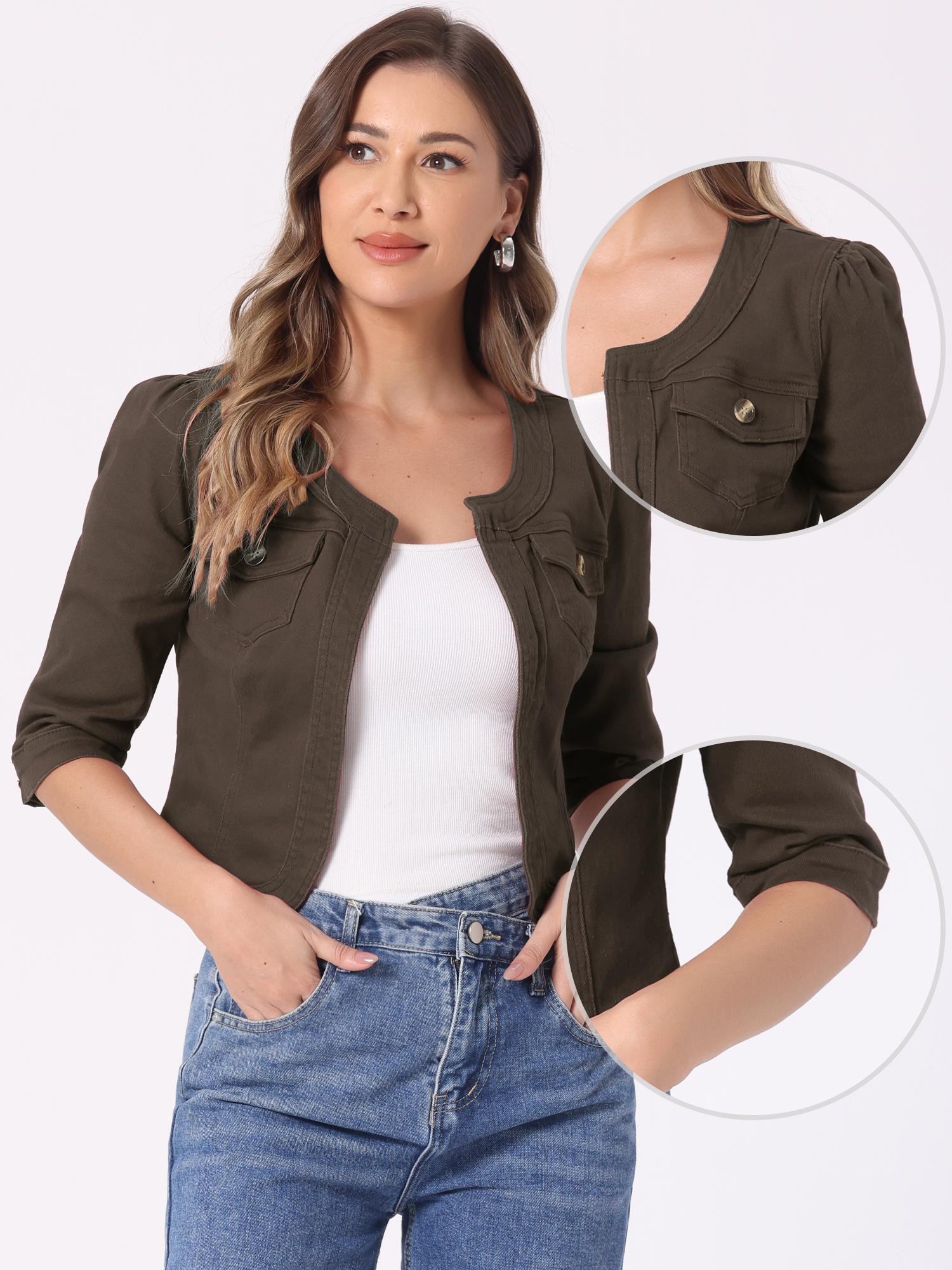 Denim Collarless Pockets 3/4 Sleeve Feminine Style Jacket Dark Brown/S - Allegra K catalog