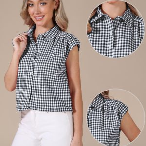 Gingham Cap Sleeves Button Down Blouse Black/M - Allegra K catalog