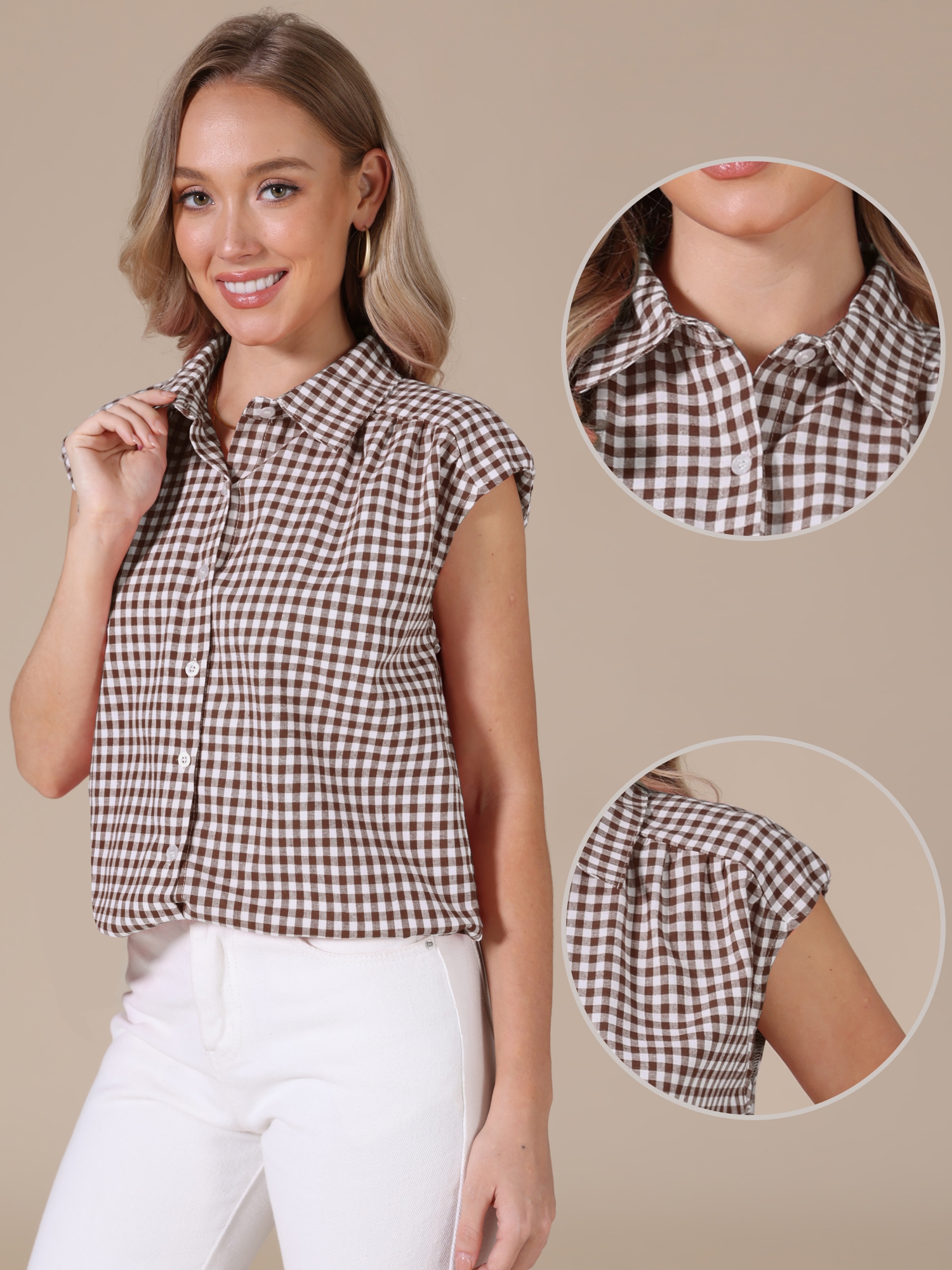 Gingham Cap Sleeves Button Down Blouse Brown/S - Allegra K catalog