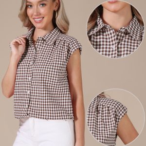 Gingham Cap Sleeves Button Down Blouse Brown/XL - Allegra K catalog