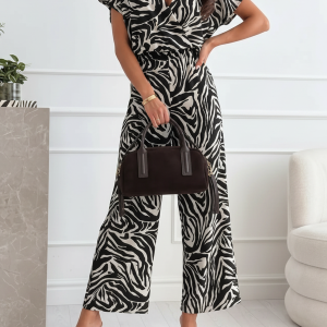 V Neck Leopard Print Pockets Straight Leg Jumpsuits Zebra/XS - Allegra K catalog