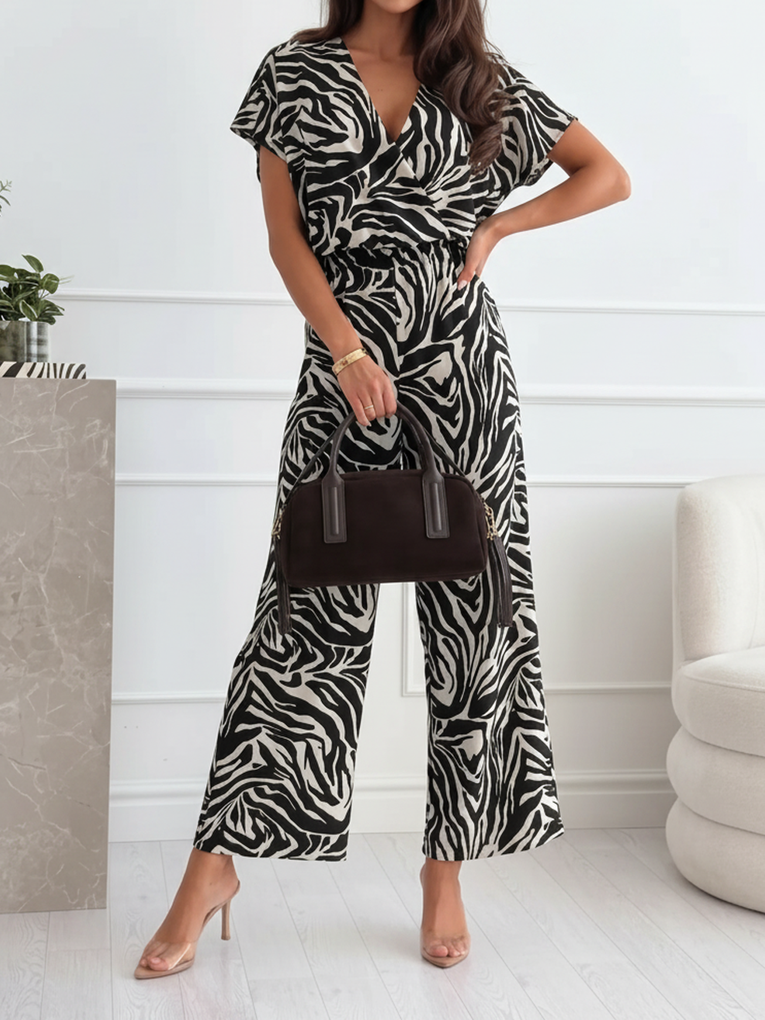 V Neck Leopard Print Pockets Straight Leg Jumpsuits Zebra/XL - Allegra K catalog
