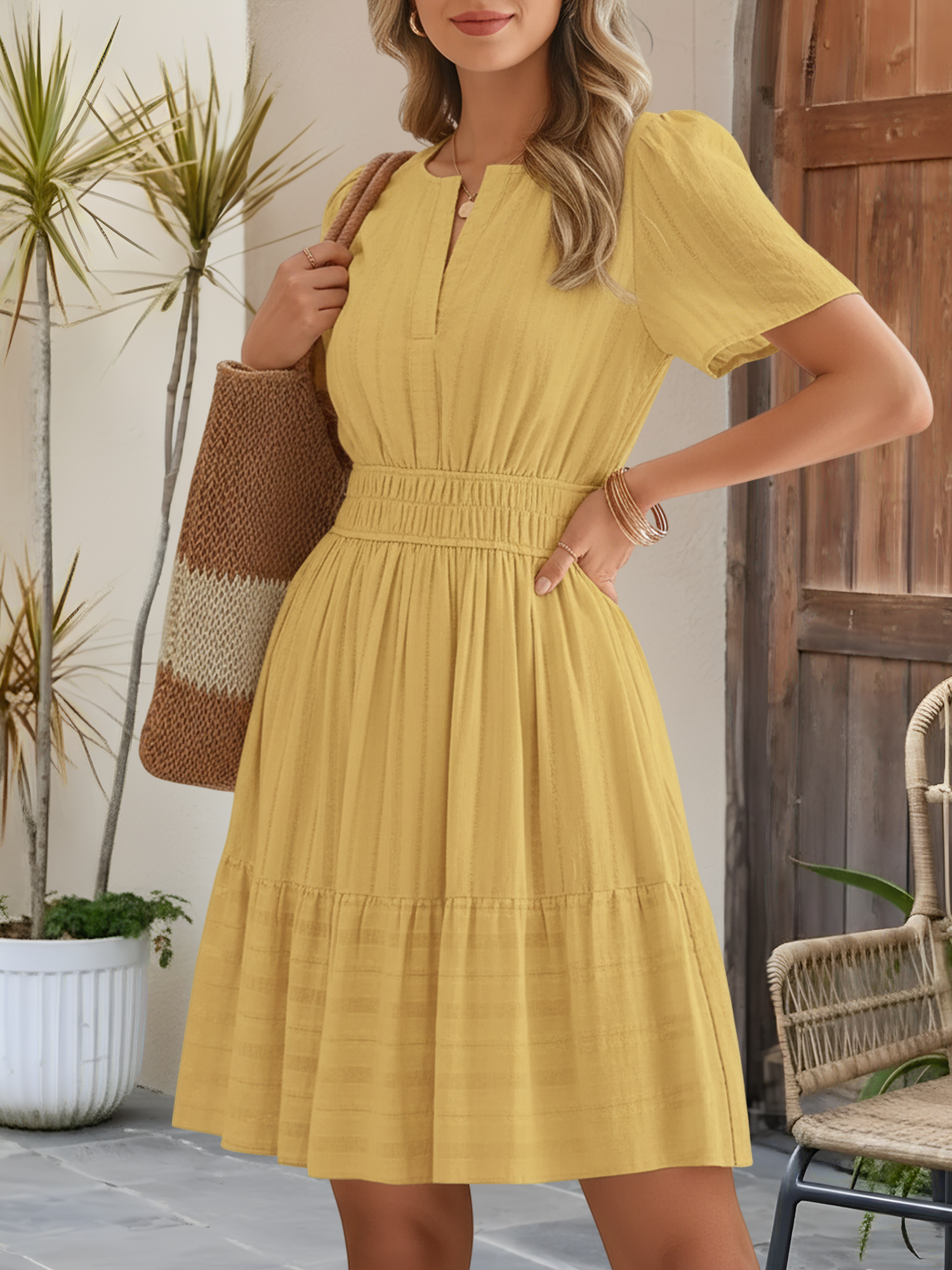 Cotton Notch Neck Puff Sleeve A-Line Tiered Dress Yellow/S - Allegra K catalog
