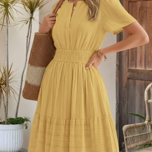 Cotton Notch Neck Puff Sleeve A-Line Tiered Dress Yellow/2XL - Allegra K catalog