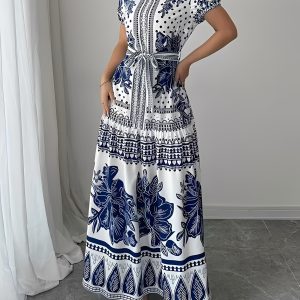 Floral Boho Tie Waist Short Sleeves Vacation Dress Blue/XS - Allegra K catalog