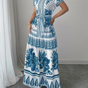 Floral Boho Tie Waist Short Sleeves Vacation Dress Light Blue/XL - Allegra K catalog