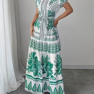 Floral Boho Tie Waist Short Sleeves Vacation Dress Green/S - Allegra K catalog