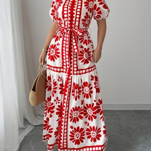 Floral Boho Tie Waist Short Sleeves Vacation Dress Red/M - Allegra K catalog