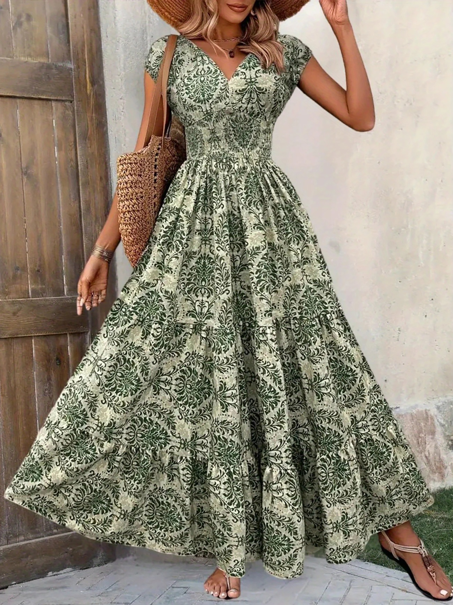 Boho Floral Cap Sleeves A-Line Tiered Dress Green/M - Allegra K catalog
