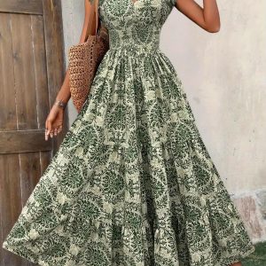 Boho Floral Cap Sleeves A-Line Tiered Dress Green/XL - Allegra K catalog