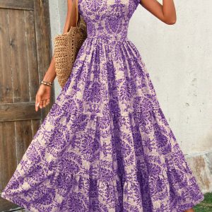 Boho Floral Cap Sleeves A-Line Tiered Dress Purple/M - Allegra K catalog