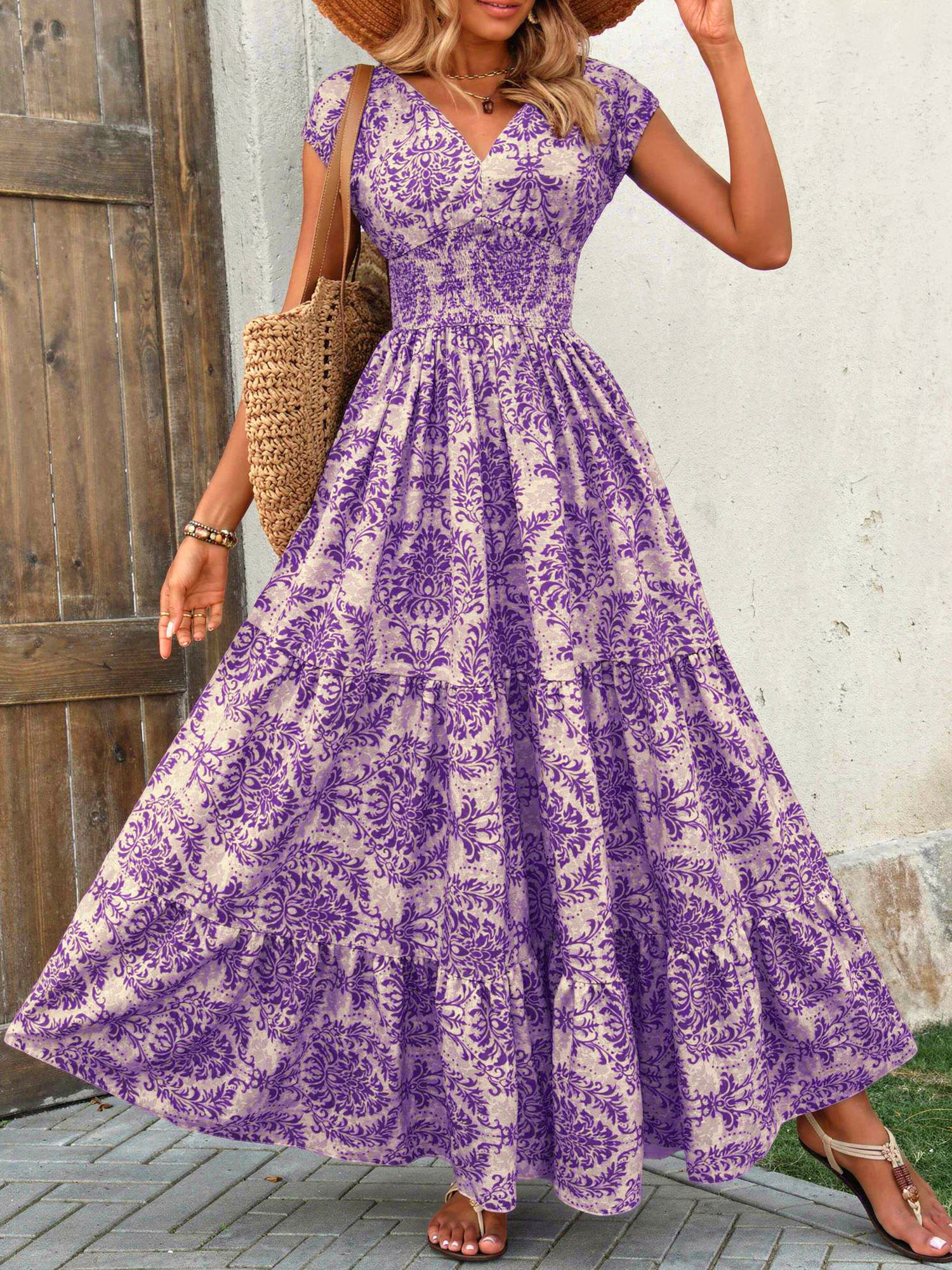 Boho Floral Cap Sleeves A-Line Tiered Dress Purple/XL - Allegra K catalog