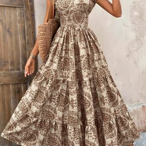 Boho Floral Cap Sleeves A-Line Tiered Dress Coffee/XS - Allegra K catalog