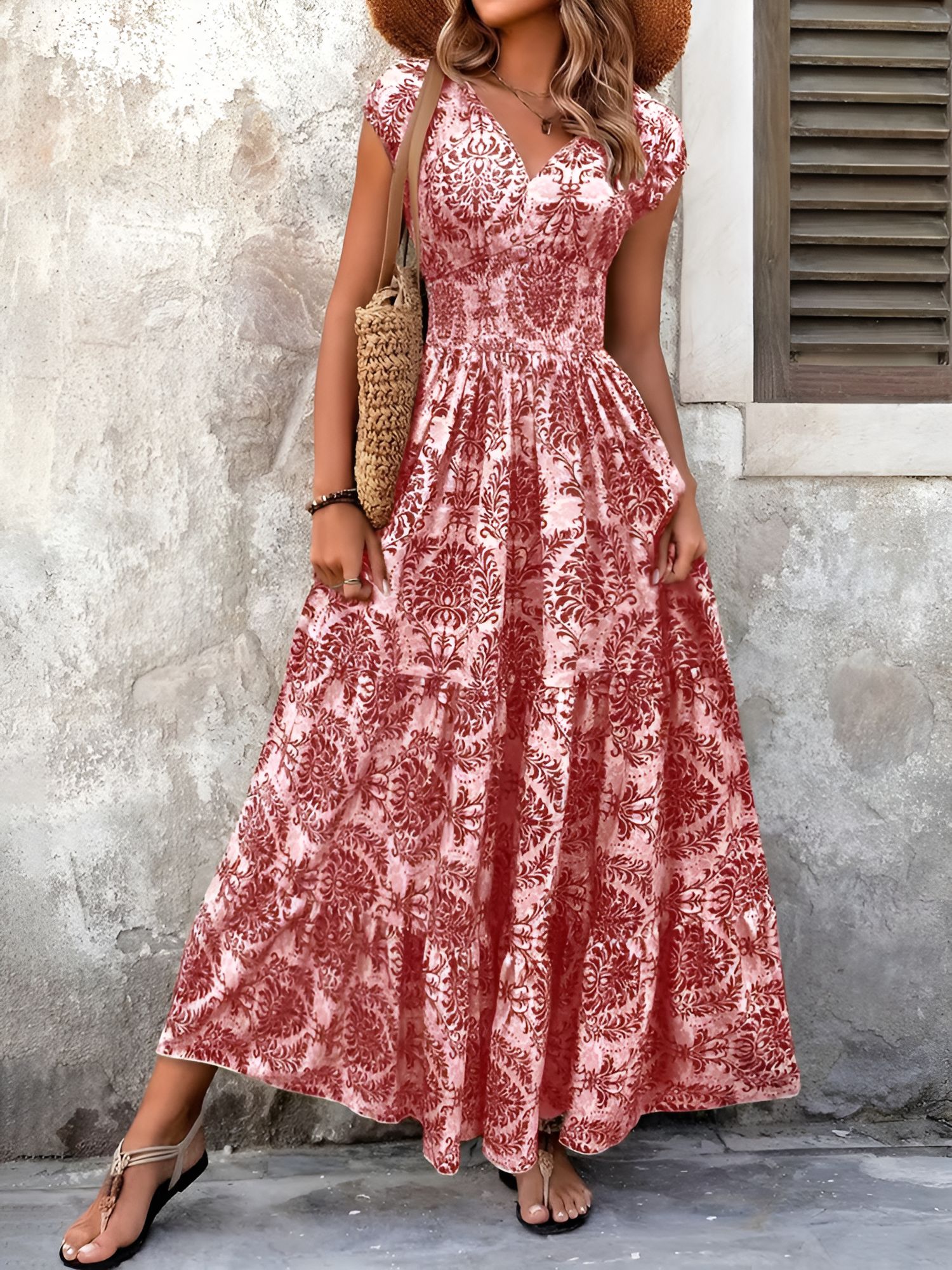 Boho Floral Cap Sleeves A-Line Tiered Dress Red/S - Allegra K catalog