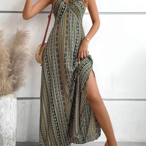 Paisley Boho Spaghetti Strap Side Slit Beach Dress Green/L - Allegra K catalog