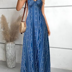 Paisley Boho Spaghetti Strap Side Slit Beach Dress Blue/XS - Allegra K catalog