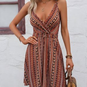 Spaghetti Straps Backless Boho Floral Mini A-Line Dress Brown/XS - Allegra K catalog