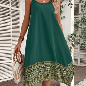 Spaghetti Strap Patchwork Boho Asymmetrical Hem Dress Green/S - Allegra K catalog