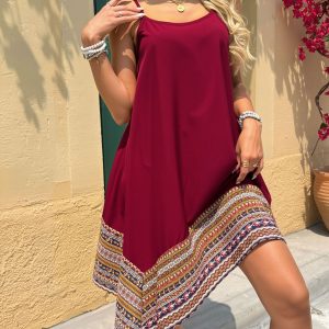 Spaghetti Strap Patchwork Boho Asymmetrical Hem Dress Red/M - Allegra K catalog