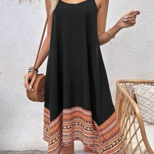 Spaghetti Strap Patchwork Boho Asymmetrical Hem Dress Black/M - Allegra K catalog