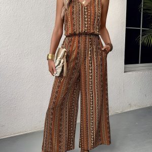 Floral Boho Print Sleeveless Lace-Up Pocketed Jumpsuit with Elastic Waistband Brown/XS - Allegra K catalog