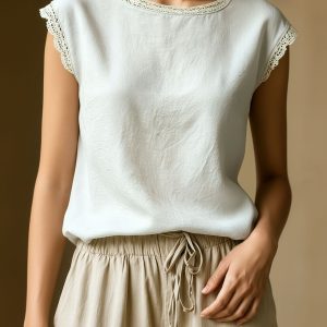 Round Neck Lace Casual Cap Sleeves Blouse White/M - Allegra K catalog