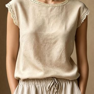 Round Neck Lace Casual Cap Sleeves Blouse Apricot/M - Allegra K catalog