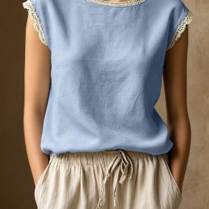 Round Neck Lace Casual Cap Sleeves Blouse Light Blue/L - Allegra K catalog