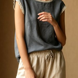 Round Neck Lace Casual Cap Sleeves Blouse Dark Gray/XS - Allegra K catalog