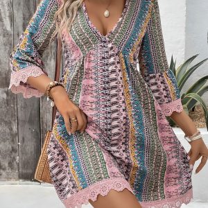 Boho V Neck 3/4 Sleeves Lace Hem Mini Resort Dress Pink/L - Allegra K catalog