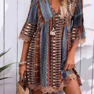 Boho V Neck 3/4 Sleeves Lace Hem Mini Resort Dress Coffee/S - Allegra K catalog