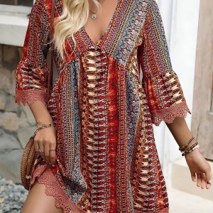 Boho V Neck 3/4 Sleeves Lace Hem Mini Resort Dress Red/S - Allegra K catalog