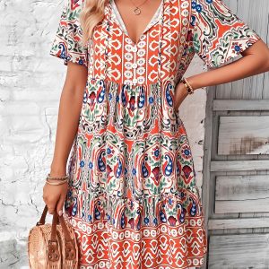 Boho Printed V Neck Loose Fitting Mini Dress Orange/M - Allegra K catalog