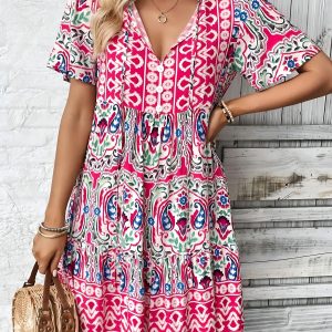 Boho Printed V Neck Loose Fitting Mini Dress Rose Red/XS - Allegra K catalog
