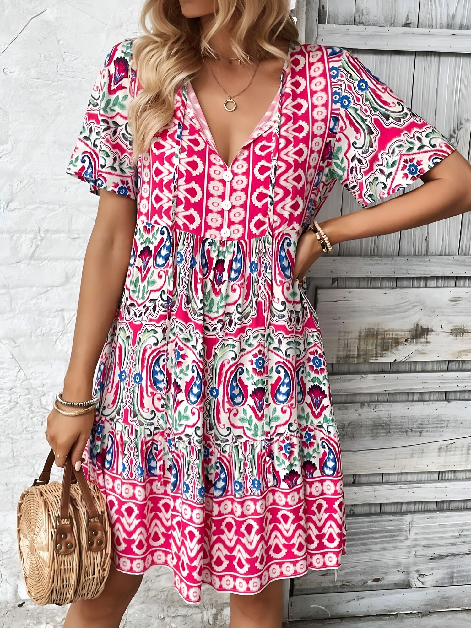 Boho Printed V Neck Loose Fitting Mini Dress Rose Red/XS - Allegra K catalog