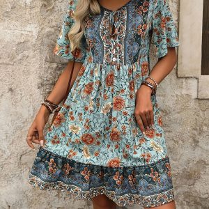 Boho Printed V Neck Loose Fitting Mini Dress Mixed Colors/M - Allegra K catalog