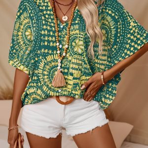Casual V Neck Boho Printed Batwing Sleeve Resort Blouse Green/XL - Allegra K catalog