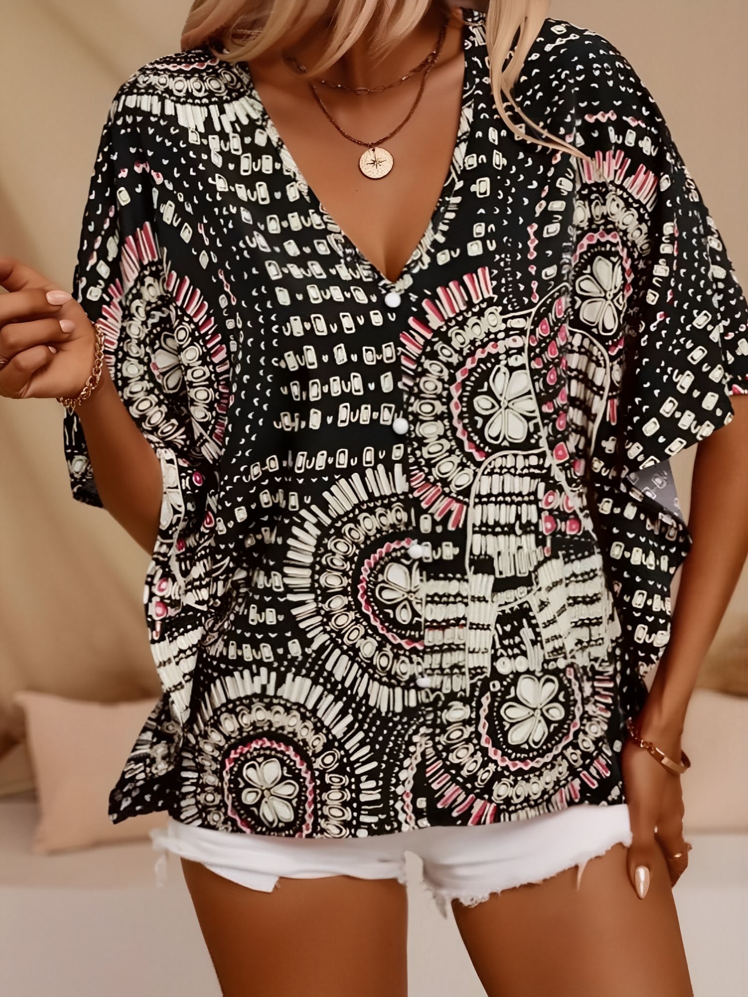 Casual V Neck Boho Printed Batwing Sleeve Resort Blouse Black/M - Allegra K catalog