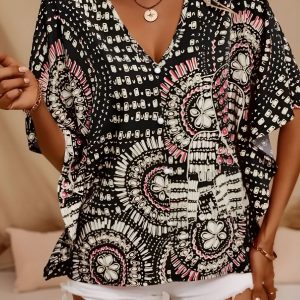 Casual V Neck Boho Printed Batwing Sleeve Resort Blouse Black/L - Allegra K catalog
