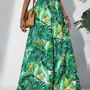 Tropical Printed Casual High-Waisted Wide-Leg Trousers Pants Green/XS - Allegra K catalog